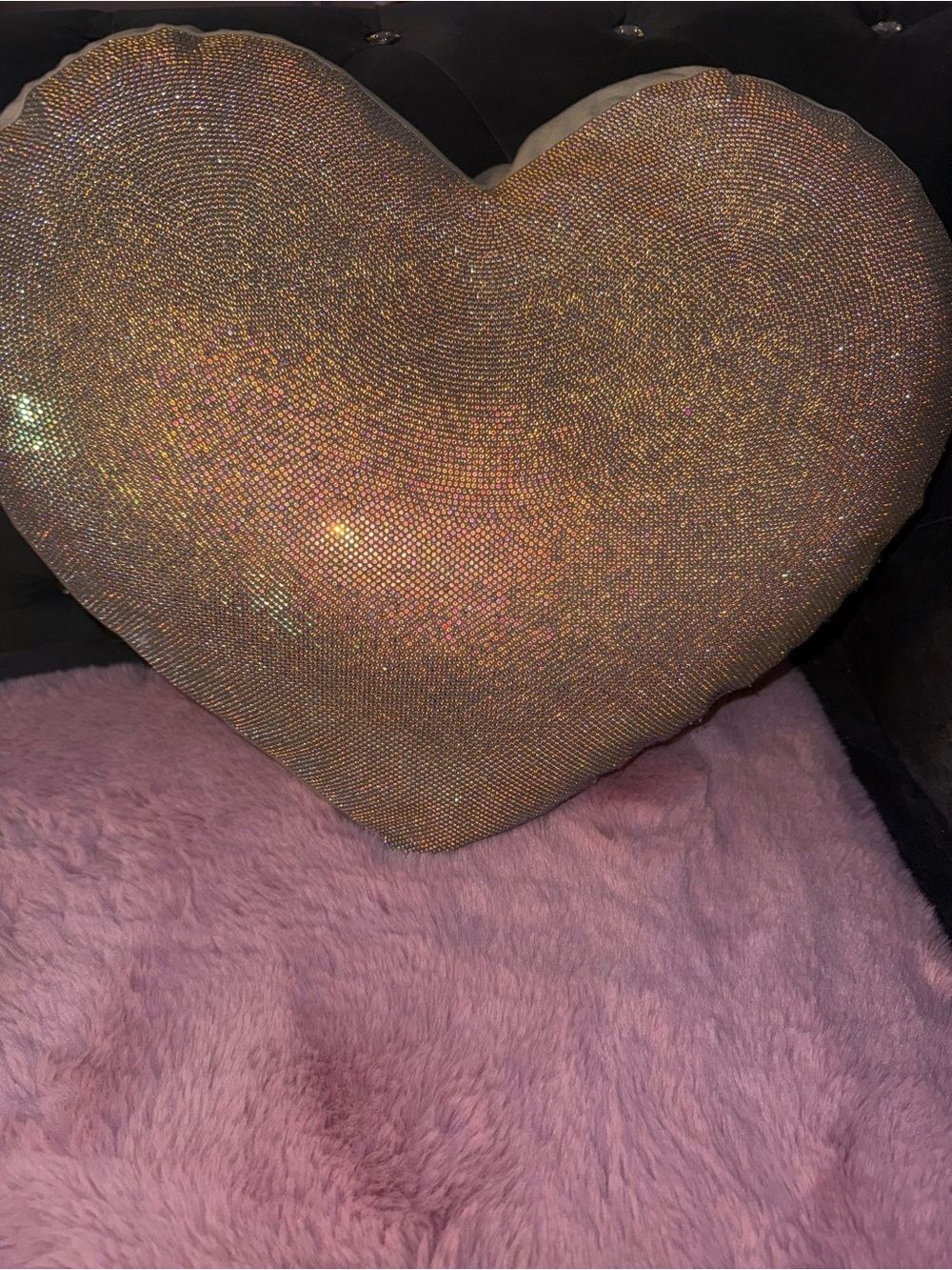 Pink beige rhinestone heart shaped decorative pillow